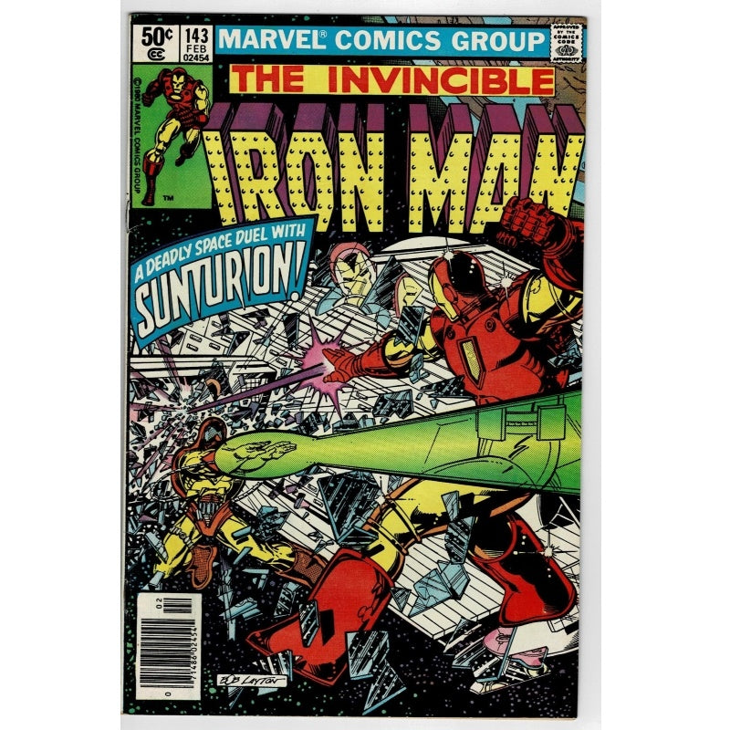 The Invincible Iron Man #143 comic book cover published by Marvel Comics Group, featuring a dynamic comic-style illustration of Iron Man in red and gold armor amidst shattered glass and debris, with a green spaceship in the background.