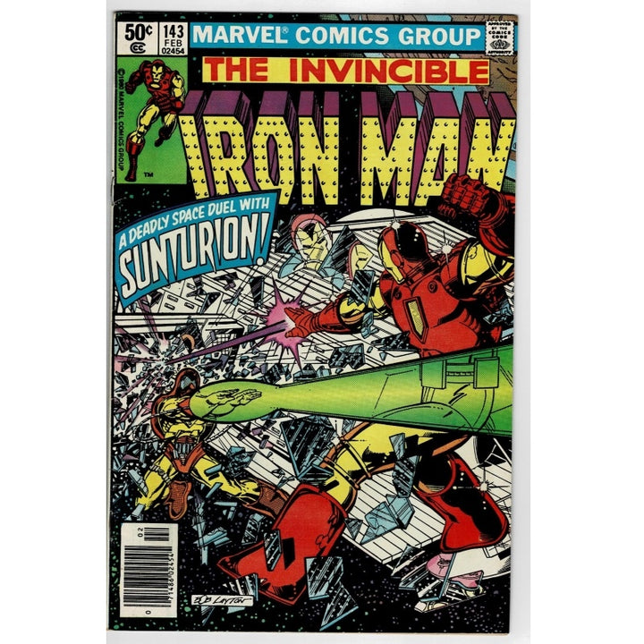 The Invincible Iron Man #143 comic book cover published by Marvel Comics Group, featuring a dynamic comic-style illustration of Iron Man in red and gold armor amidst shattered glass and debris, with a green spaceship in the background.