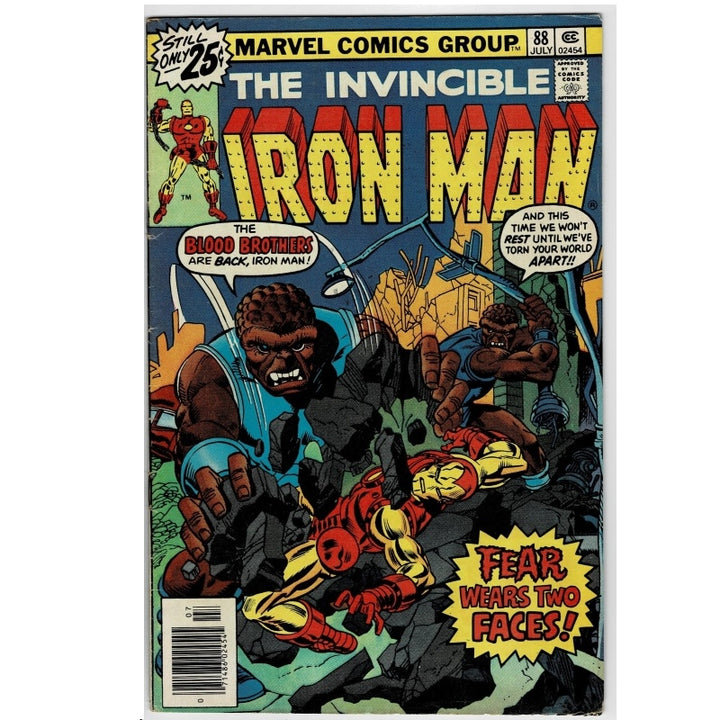 Vintage Marvel Comics Group 'The Invincible Iron Man' issue #88, July, featuring a comic book cover with Iron Man and Black Panther in an action scene, photographed flat against a white background.