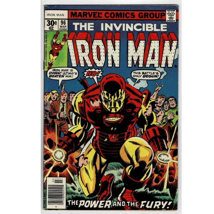 Iron Man #96 comic book from Marvel Comics Group, featuring a cover illustration of Iron Man in red and gold armor with the title 'The Invincible Iron Man' in large white letters against a blue background.