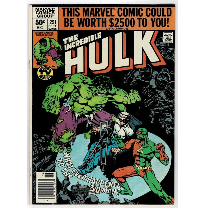 Vintage Marvel Comics 'The Incredible Hulk' issue #251 comic book cover, featuring the green Hulk leaping forward with a sword, alongside other characters in a black-and-white illustrated scene with large orange title text.