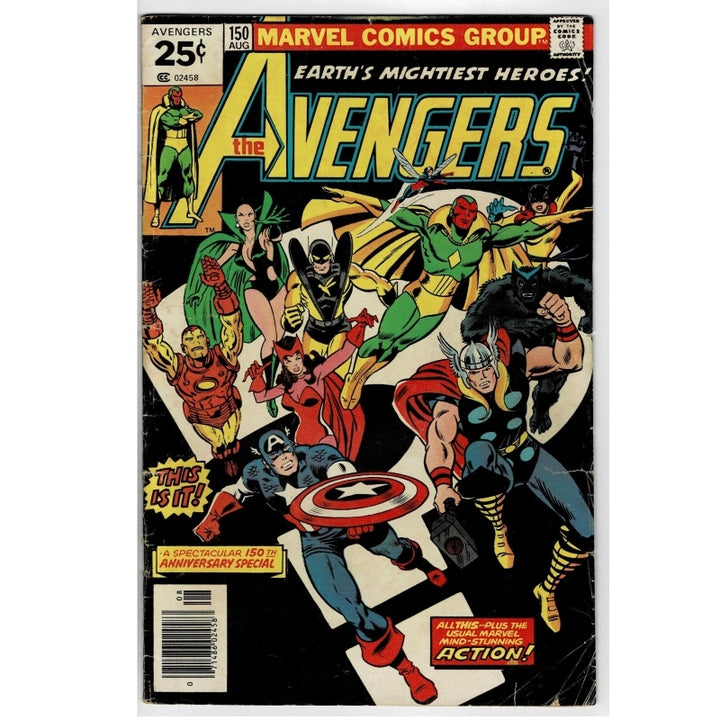The Avengers #150 comic book from Marvel Comics Group, featuring a cover illustration of multiple superheroes in action poses against a black and white background.