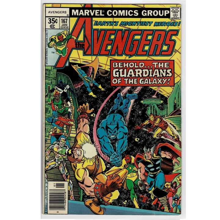 Marvel Comics Group Avengers issue 167 comic book cover, featuring a colorful illustrated cover with multiple superheroes and prominent title text.