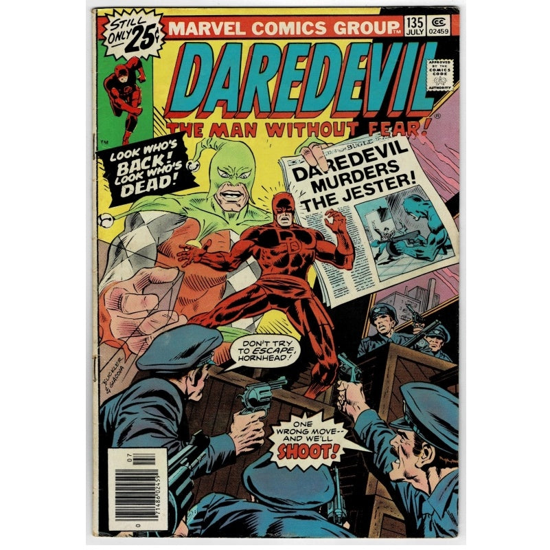 Marvel Comics Group Daredevil issue 135 comic book cover, featuring the red-masked Daredevil in the center with police officers below and a green monster face above, on a mostly yellow and red cover.