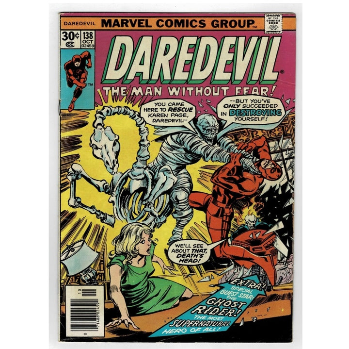 Vintage Marvel Comics Group Daredevil comic book cover, issue 138, featuring a dynamic illustrated battle scene with a skeletal figure, a red-costumed Daredevil, and a woman in a green dress. The title 'DAREDEVIL' is prominently displayed at the top.