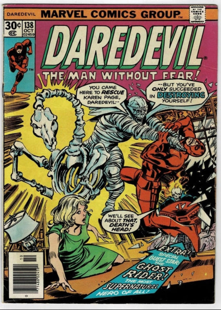 Vintage Marvel Comics Group Daredevil comic book cover, issue 138, featuring a dynamic illustrated battle scene with a skeletal figure, a red-costumed Daredevil, and a woman in a green dress. The title 'DAREDEVIL' is prominently displayed at the top.