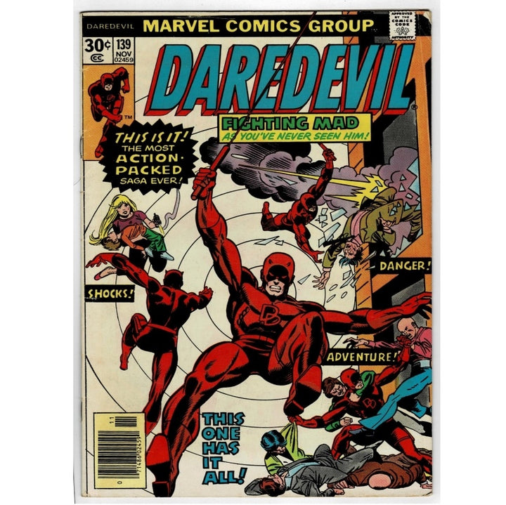 Marvel Comics Group Daredevil issue 139 comic book cover, featuring the superhero in a red suit jumping through a target with multiple action scenes and bold comic-style text.