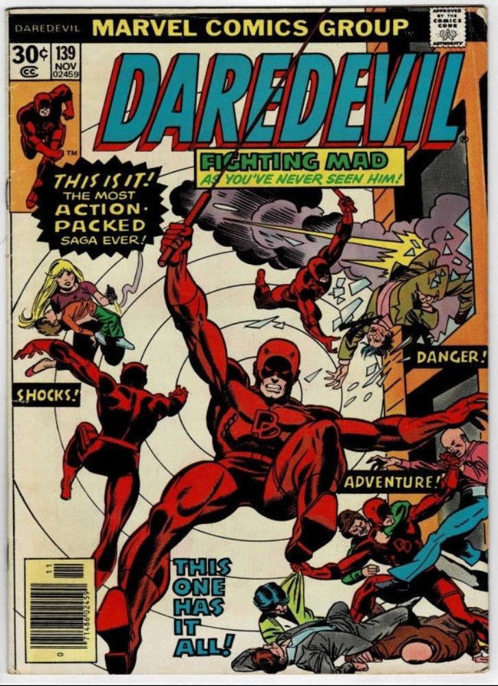 Marvel Comics Group Daredevil comic book cover, issue 139 from November, featuring the superhero in a red suit in an action scene with bold comic-style title text and cover lines.