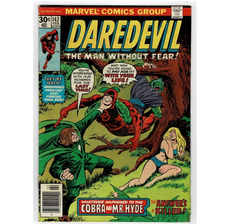 Vintage Marvel Comics Group Daredevil comic book cover, issue 142, featuring the character Daredevil in a red costume with a green cape in a forest scene, with a blonde woman and a man in a green suit.