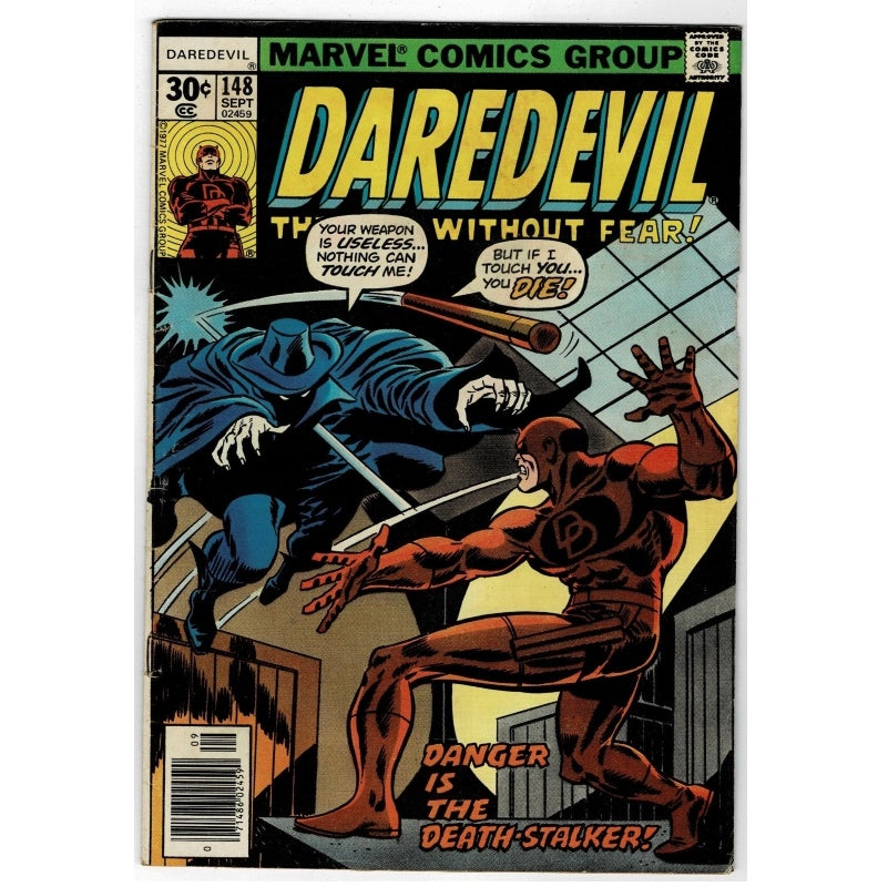 Marvel Comics Group Daredevil issue 148 comic book cover, showing Daredevil in his red suit facing off against a blue monster in a city scene. The title 'DAREDEVIL' is large at the top with the tagline 'THE MAN WITHOUT FEAR!'.