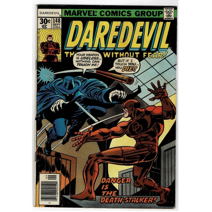 Marvel Comics Group Daredevil issue 148 comic book cover, showing Daredevil in his red suit facing off against a blue monster in a city scene. The title 'DAREDEVIL' is large at the top with the tagline 'THE MAN WITHOUT FEAR!'.