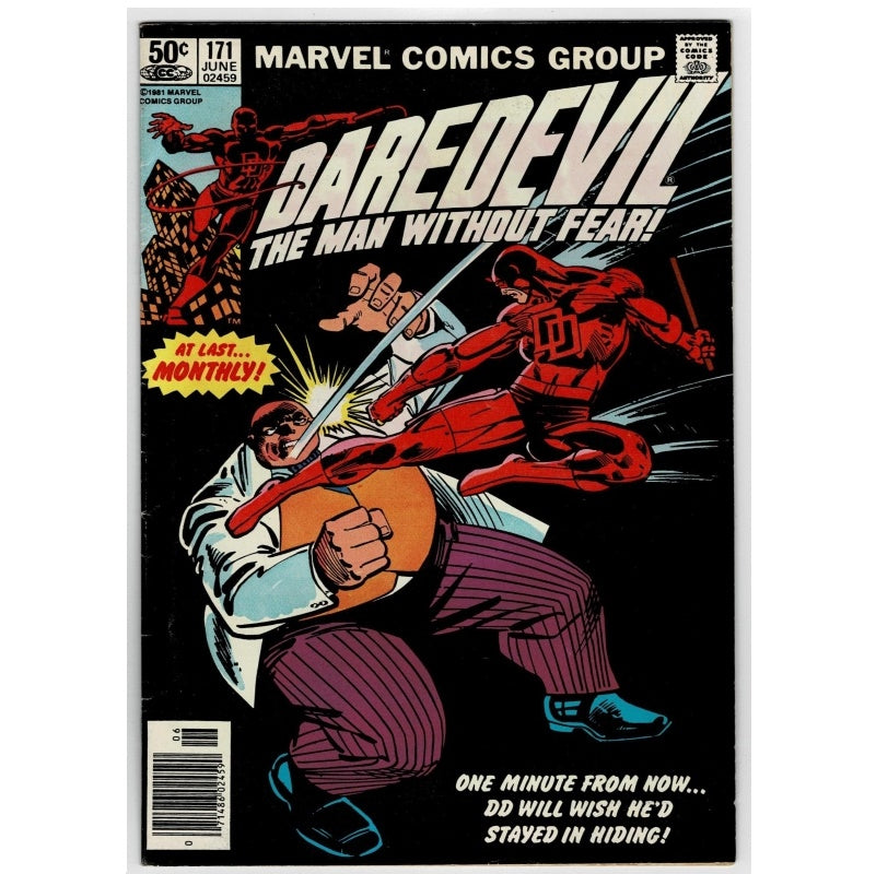 Marvel Comics Group Daredevil issue 171 comic book cover, featuring the character Daredevil in red fighting a man holding a guitar, with bold comic-style title text and issue details.