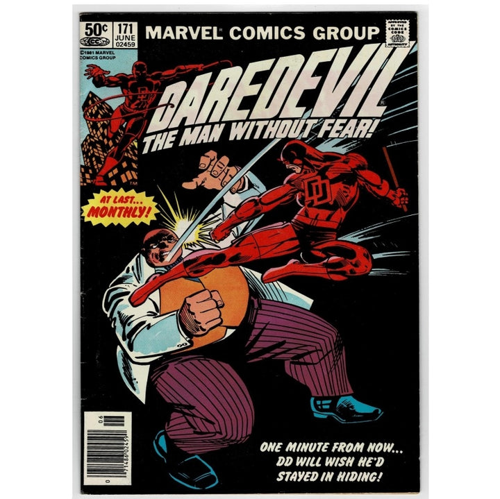 Marvel Comics Group Daredevil issue 171 comic book cover, featuring the character Daredevil in red fighting a man holding a guitar, with bold comic-style title text and issue details.