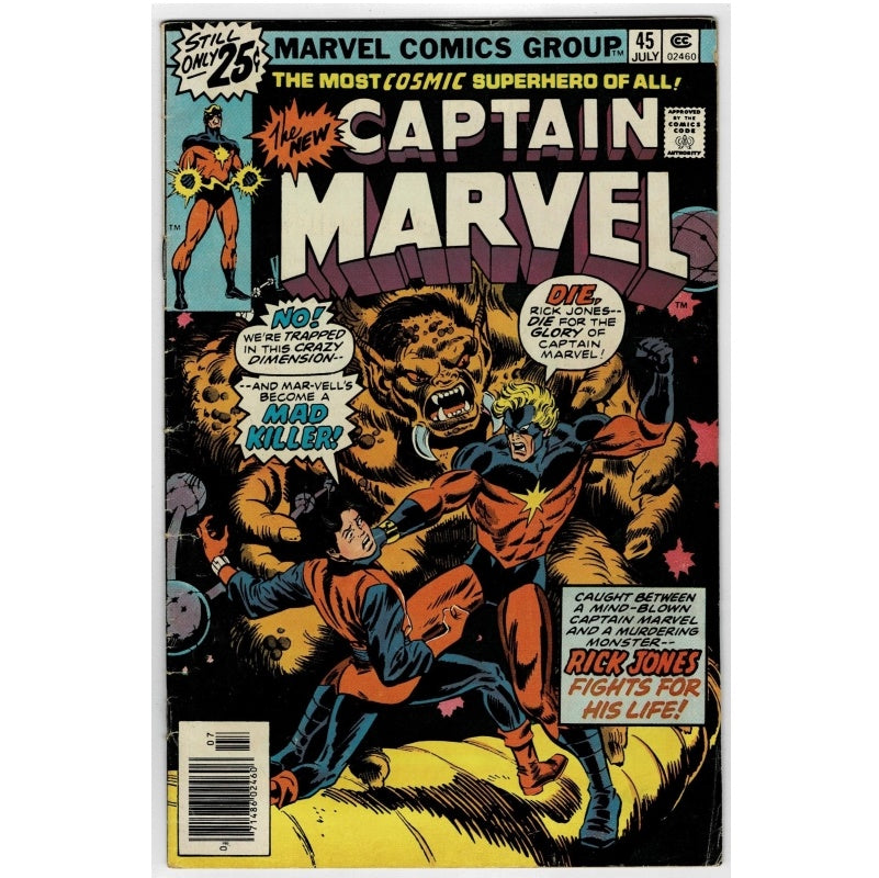 Vintage Captain Marvel comic book cover, issue 45, showing Captain Marvel fighting a large creature in a dynamic illustrated scene with bold comic-style title text and cover lines.