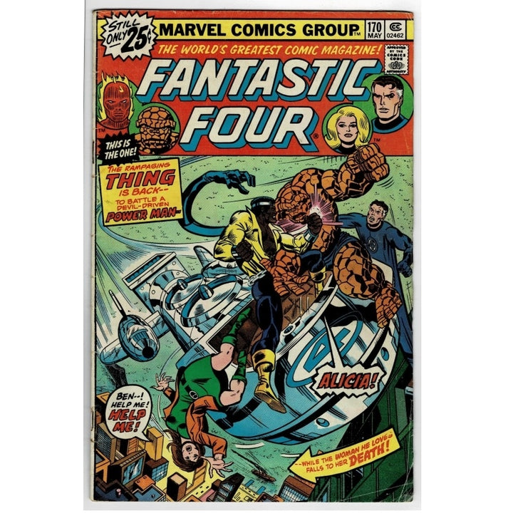 Vintage Marvel Comics Group Fantastic Four issue number 170 comic book cover, featuring the main characters in an action scene with a bright red header and colorful illustrated artwork.