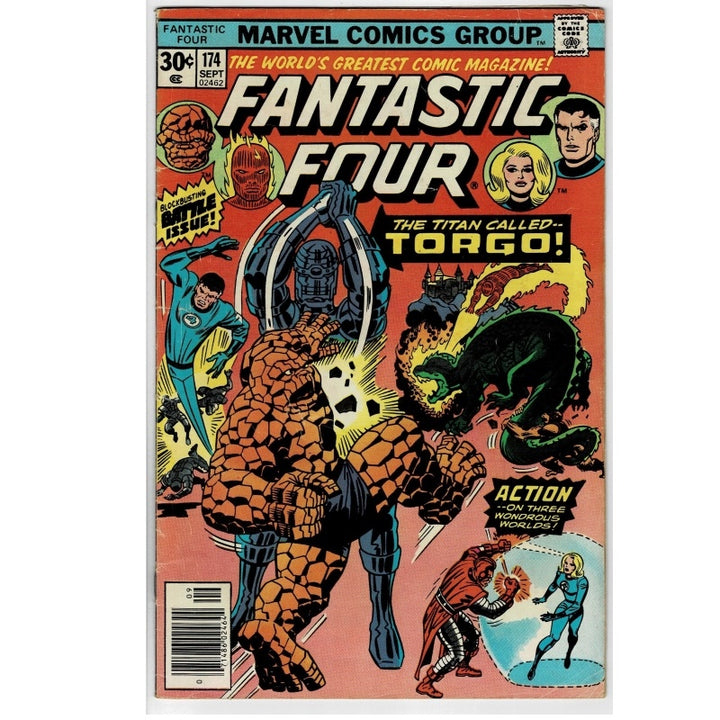 Vintage Marvel Comics Group Fantastic Four #174 comic book cover, featuring the Thing in the foreground with other characters including Invisible Woman, Human Torch, and The Invincible around him, on a peach-toned background.