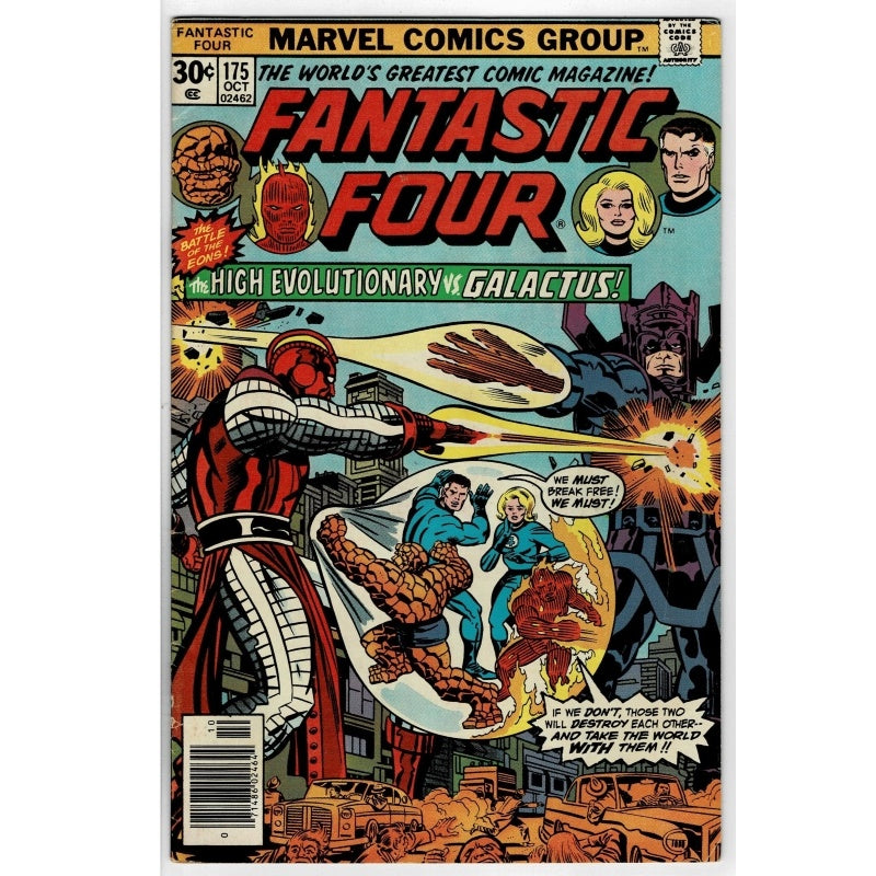 Vintage Marvel Comics Group Fantastic Four comic book, issue #175 from June 1975, featuring a colorful cover illustration with the characters Mister Fantastic, Invisible Woman, Human Torch, and The Thing in an action scene.