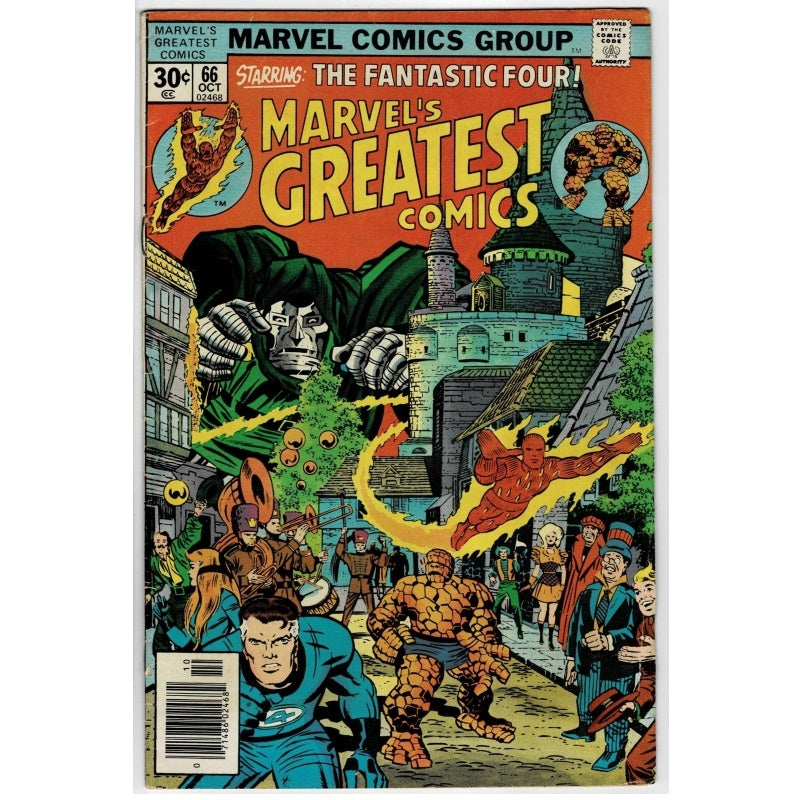 Marvel's Greatest Comics #56 comic book cover featuring The Fantastic Four in a city scene, with a large green monster looming behind them. The cover has a red-orange sky and bold yellow title text.
