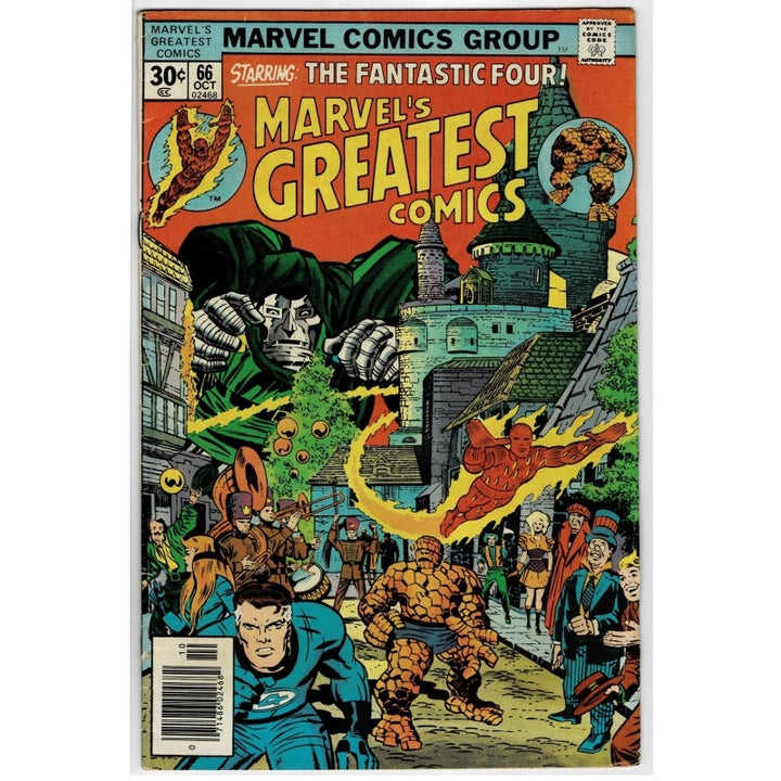 Marvel's Greatest Comics #56 comic book cover featuring The Fantastic Four in a city scene, with a large green monster looming behind them. The cover has a red-orange sky and bold yellow title text.