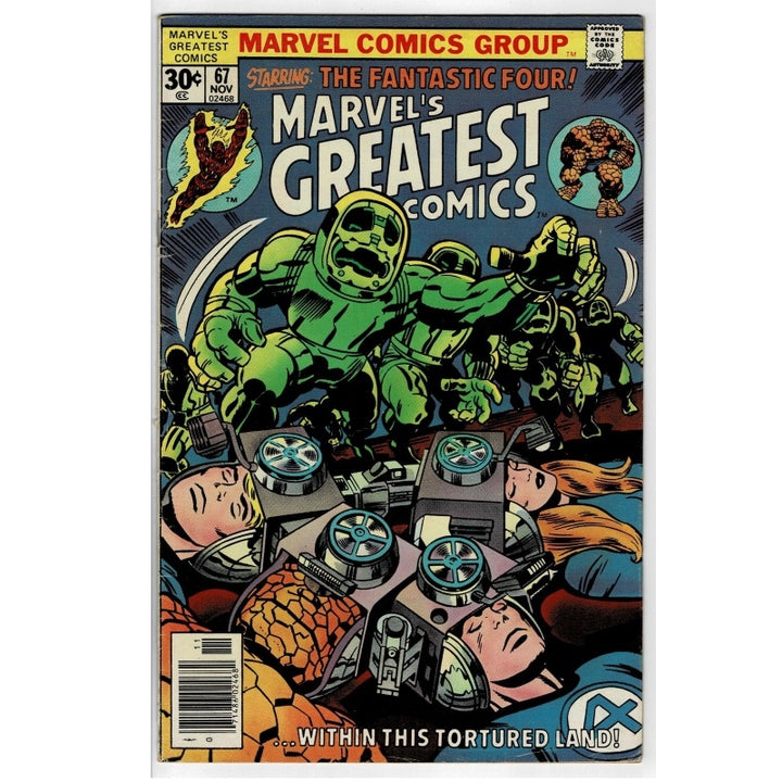 Marvel's Greatest Comics #1 comic book cover from Marvel Comics Group, featuring The Fantastic Four in a dynamic illustrated scene with a green character in the center and the title in large white letters.