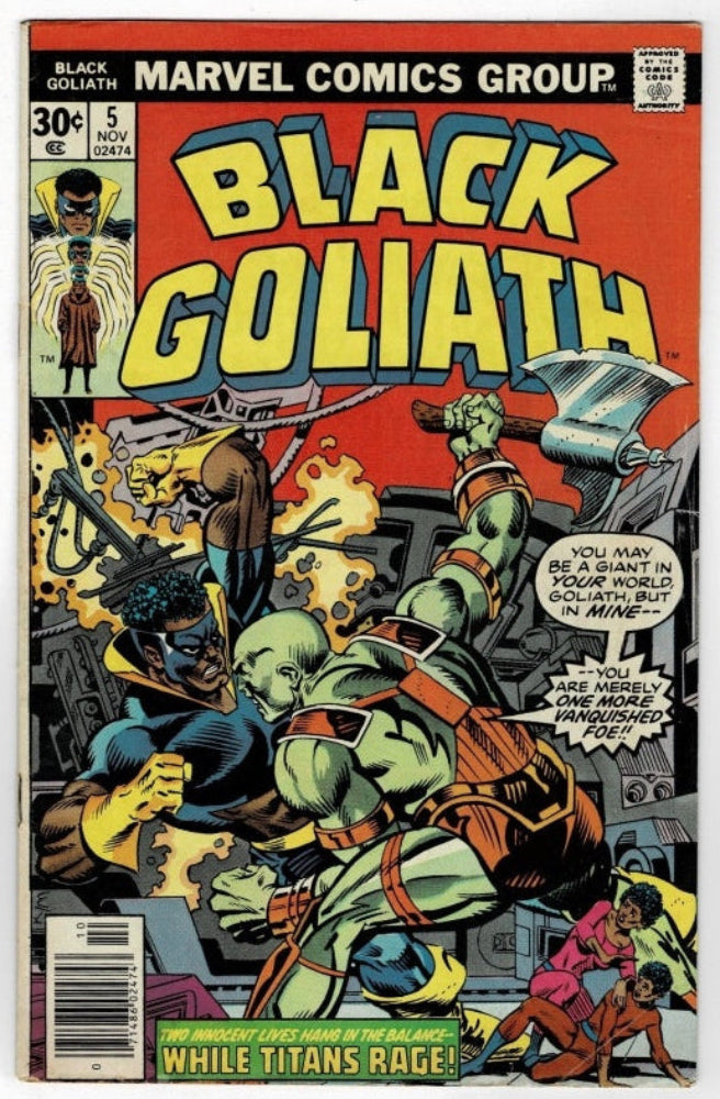 Vintage comic book cover for Marvel Comics Group's Black Goliath issue #5, featuring bold yellow title text over a red background and illustrated battle artwork with green-skinned characters and a black-and-blue armored figure.