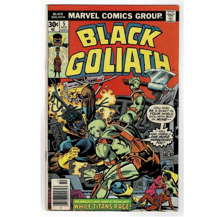 Vintage comic book cover for Marvel Comics Group's Black Goliath issue #5, featuring bold yellow title text over a red background and illustrated battle artwork with green-skinned characters and a black-and-blue armored figure.