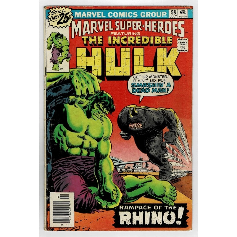 Vintage Marvel Comics Group comic book cover featuring The Incredible Hulk, issue number 58, with a green-skinned muscular figure in torn purple pants and a dark rhinoceros-like monster against a red-orange background.