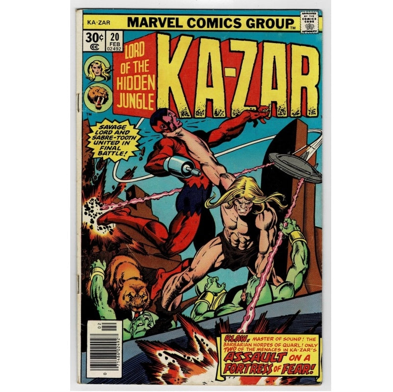 Vintage Marvel Comics Group comic book cover for Ka-Zar, issue 20 from February. The cover art features Ka-Zar in a red and blue costume fighting a blonde woman, with other characters and large yellow title text reading 'KA-ZAR' at the top.