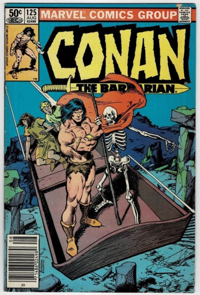 Marvel Comics Group Conan the Barbarian issue 125 comic book cover, featuring Conan in a boat with a skeleton and a woman, in a vintage comic art style.