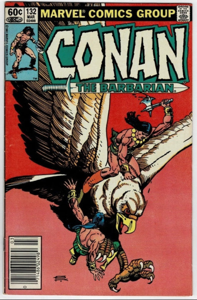 Marvel Comics Group Conan the Barbarian issue 132 comic book cover, featuring a red background with a large eagle and illustrated characters in action.