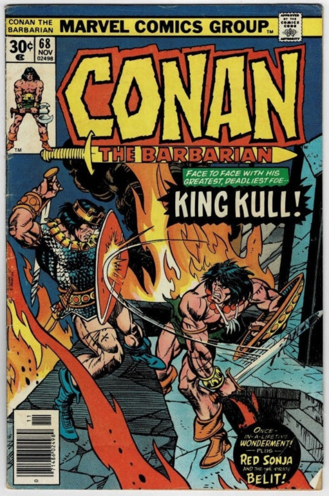 Vintage comic book cover for Conan the Barbarian issue 68, featuring large yellow title text, illustrated battle scene with Conan and King Kull, and Marvel Comics Group branding at the top.