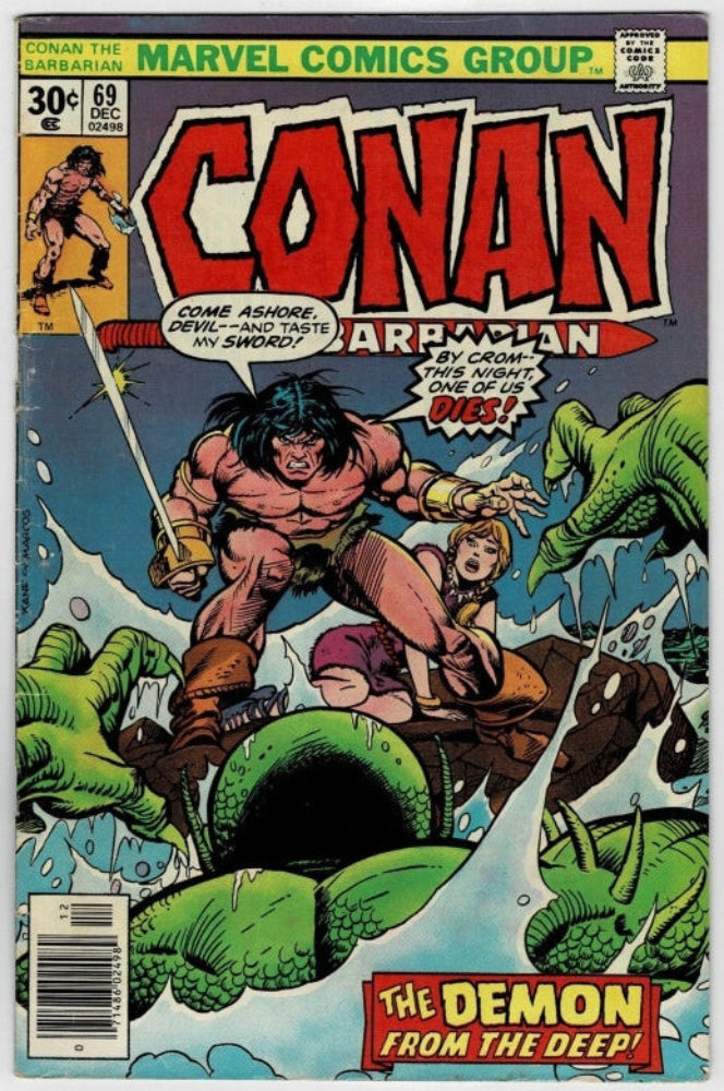 Vintage comic book cover for Conan the Barbarian issue 69, featuring a large red title logo, illustrated scene with Conan standing over a woman surrounded by green monsters, and Marvel Comics Group branding at the top.