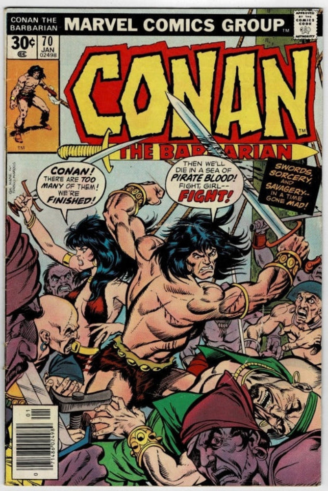 Marvel Comics Group's Conan the Barbarian issue #70 comic book cover, featuring a dynamic illustration of Conan fighting captives with swords. The title 'CONAN' is displayed in large yellow letters with a red outline, and the comic's price of 30 cents is visible in the top left corner.