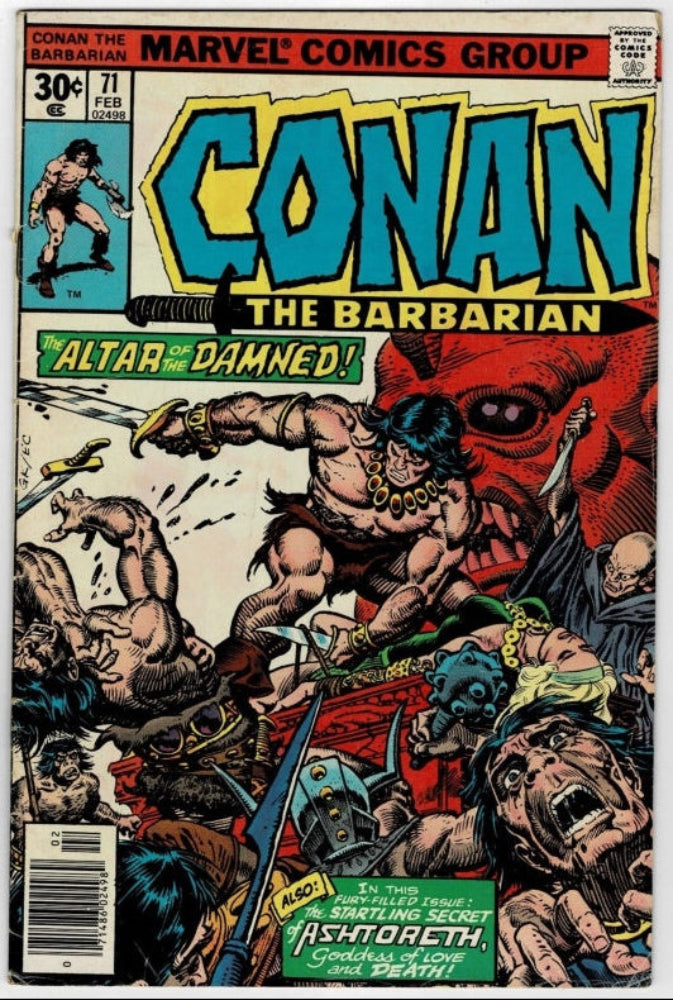 Marvel Comics Group's Conan the Barbarian issue #71 comic book cover, featuring a dynamic battle illustration with Conan, a red creature, and multiple monsters, with the title 'CONAN THE BARBARIAN' in large blue letters at the top.