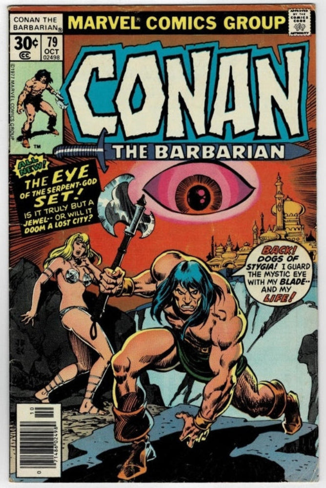 Vintage Marvel Comics Group 'Conan the Barbarian' comic book cover, issue #79, featuring a dynamic illustrated cover with Conan holding a sword, a woman in a black dress, a large pink eye graphic, and a red/orange sky background.