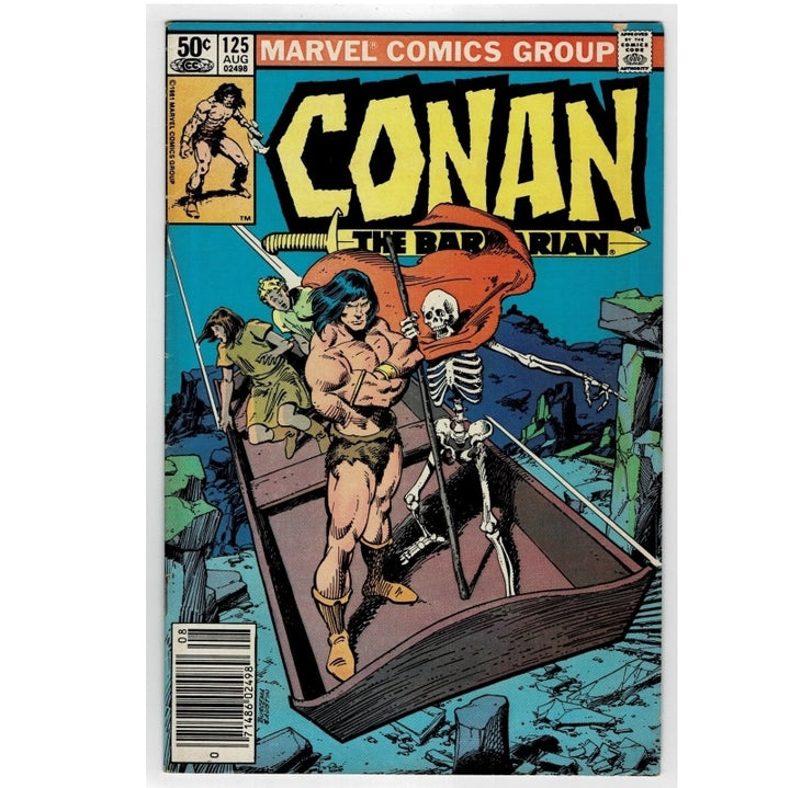 Marvel Comics Group Conan the Barbarian issue 125 comic book cover, featuring Conan in a boat with a skeleton and a woman, in a vintage comic art style.