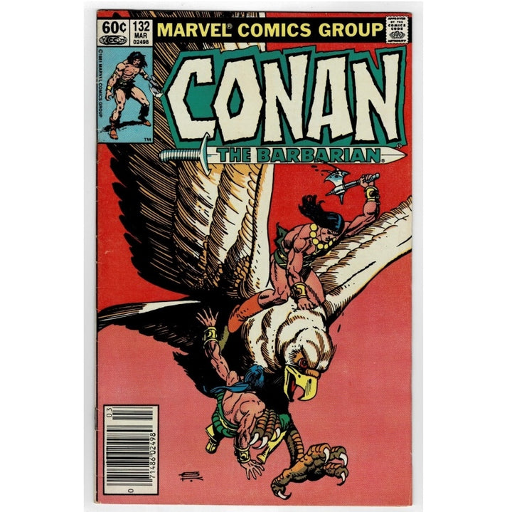 Marvel Comics Group's Conan the Barbarian issue #132 comic book cover, featuring a red background with a large eagle carrying Conan and a warrior on its back. The title 'CONAN THE BARBARIAN' is displayed in bold white letters with a green outline at the top.