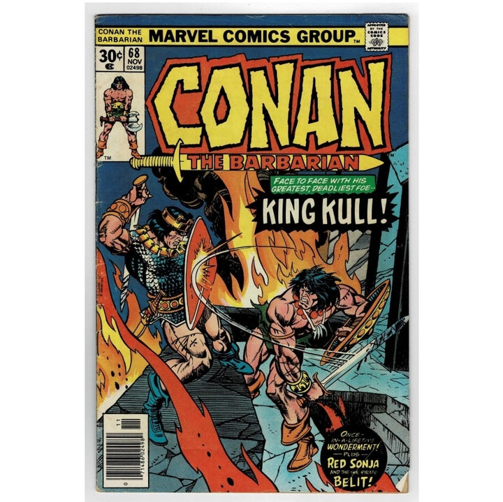 Vintage comic book cover for Conan the Barbarian issue 68, featuring large yellow title text, illustrated battle scene with Conan and King Kull, and Marvel Comics Group branding at the top.