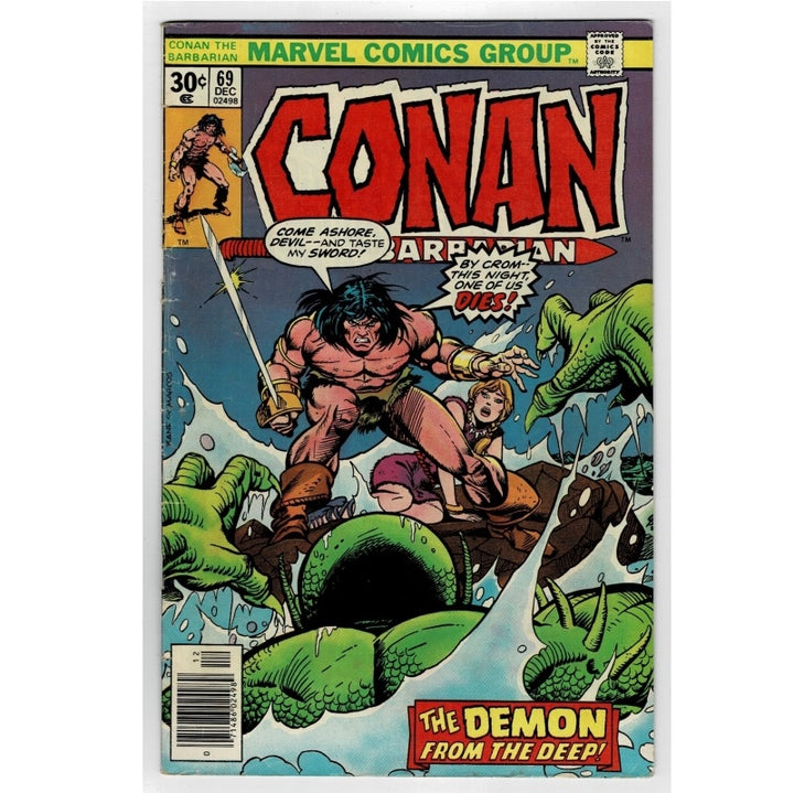 Vintage comic book cover for Conan the Barbarian issue 69, showing a muscular warrior in a forest with green creatures and a woman, with large red title text and Marvel Comics Group branding at the top.