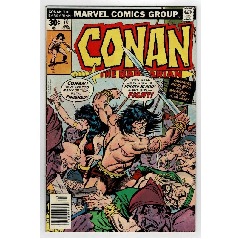 Vintage Marvel Comics Group 'Conan the Barbarian' comic book cover, issue #70 from June 1974. The cover features a dynamic illustration of Conan fighting a crowd, with his signature large yellow and red title at the top and speech bubbles containing action dialogue.