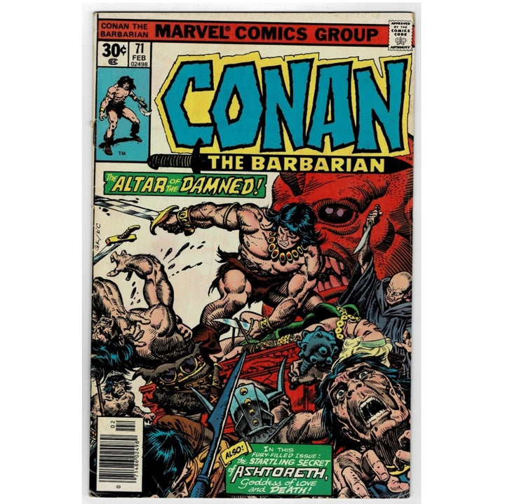 Marvel Comics Group's Conan the Barbarian issue #71 comic book cover, featuring a dynamic battle illustration with Conan, a red creature, and multiple monsters, with the title 'CONAN THE BARBARIAN' in large blue letters at the top.