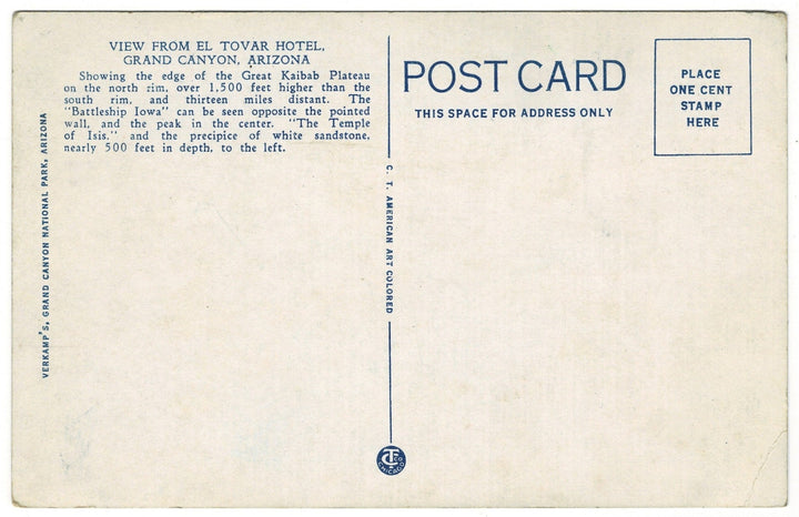 1910s Great Kaibab Plateau Grand Canyon Arizona Vintage Postcard 1919, back.