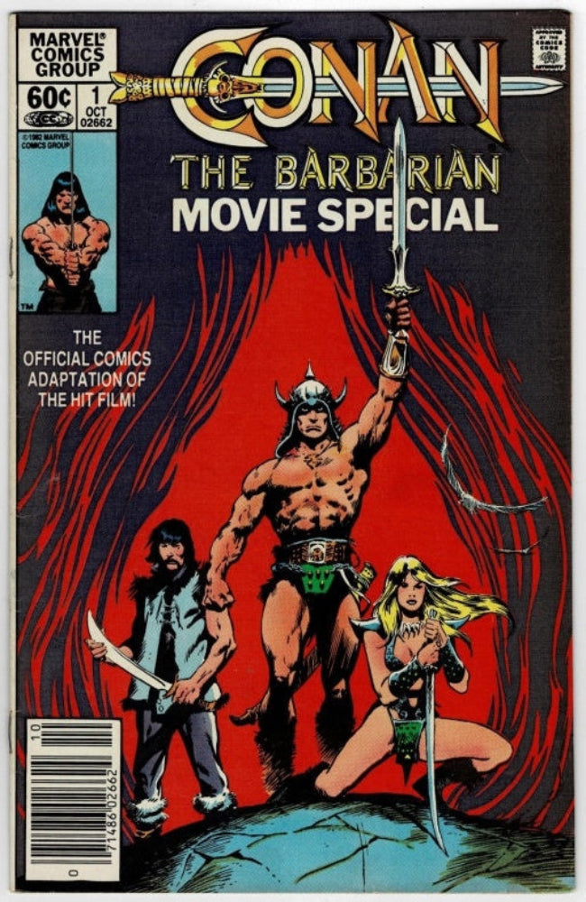 Marvel Comics Group 'Conan: The Barbarian Movie Special' comic book cover, issue number 1, featuring illustrated artwork of Conan the Barbarian with a sword, a woman in blue, and a blonde woman against a red and black background.
