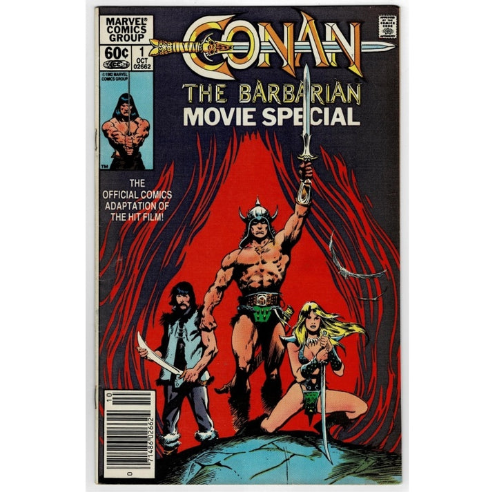 Marvel Comics Group 'Conan: The Barbarian Movie Special' comic book cover, issue number 1, featuring illustrated artwork of Conan the Barbarian with a sword, a woman in blue, and a blonde woman against a red and black background.