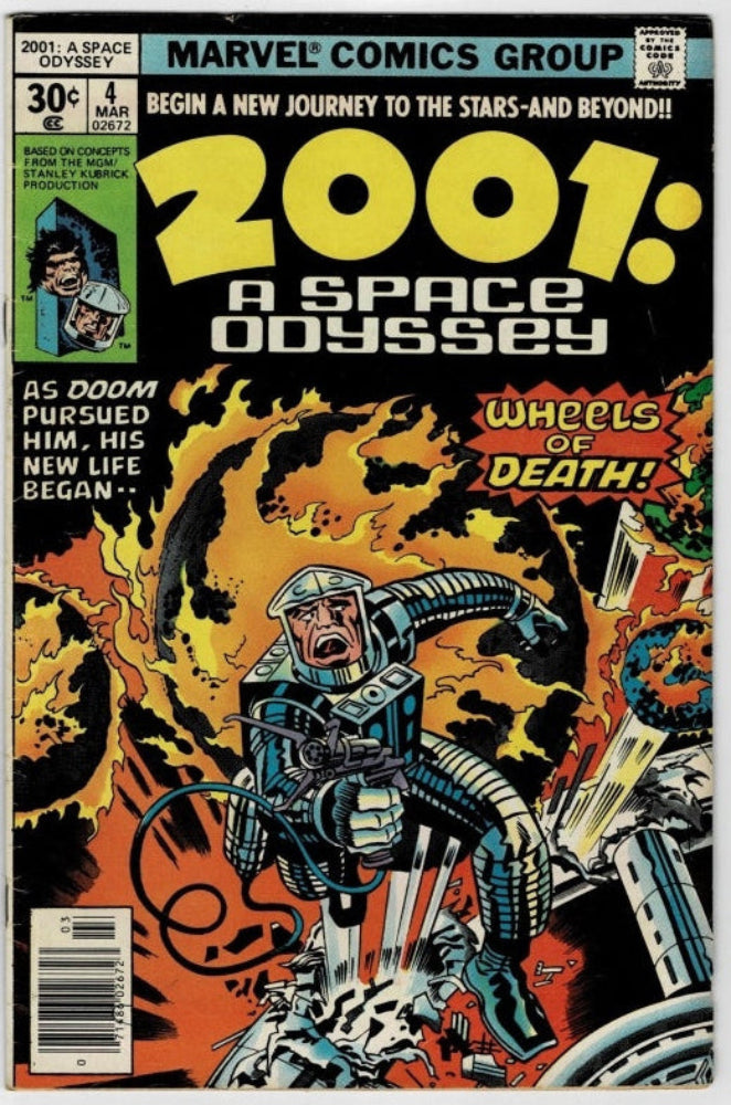 Marvel Comics Group 2001: A Space Odyssey issue 4 comic book cover, featuring a dramatic illustration of a space traveler in a spacesuit amidst fiery explosions and spacecraft.