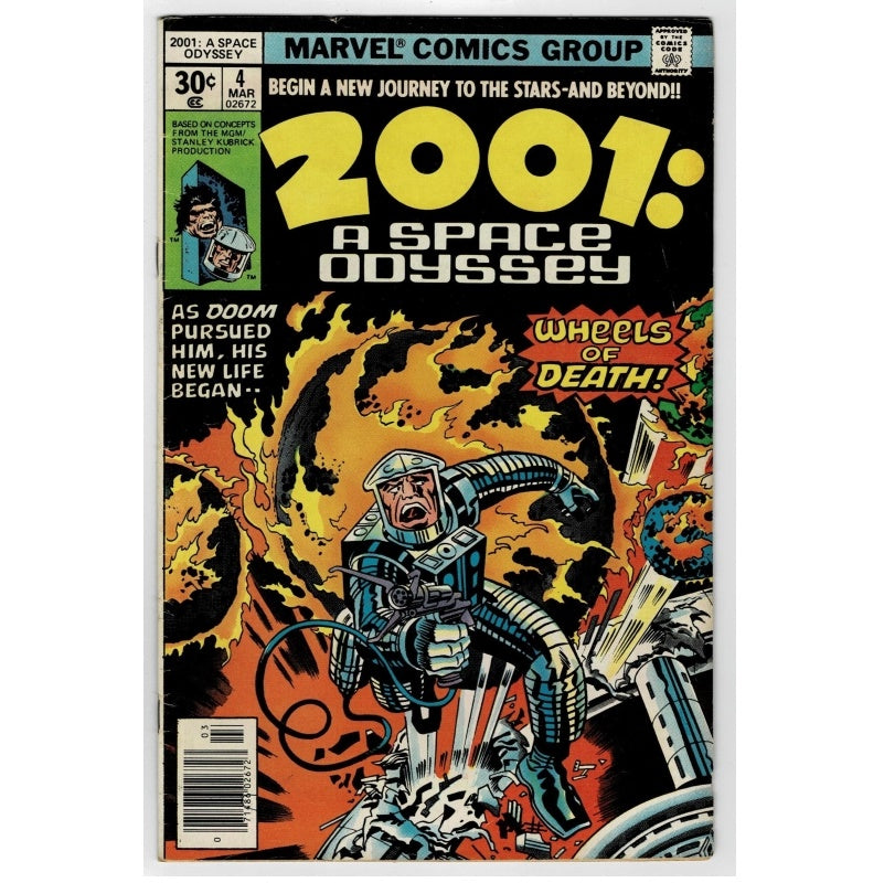 Marvel Comics Group 2001: A Space Odyssey #4 comic book cover, featuring a dramatic illustration of a metallic robot-like figure in front of fiery orange and yellow space imagery, with large title text at the top.