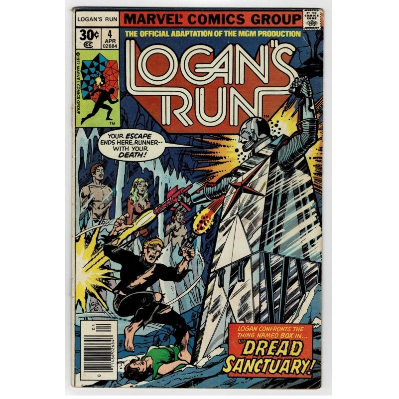Vintage comic book cover for Logan's Run #4 published by Marvel Comics Group. The cover features a dynamic comic illustration with the title 'LOGAN'S RUN' in large white letters, a red banner at the top, and a barcode at the bottom left.