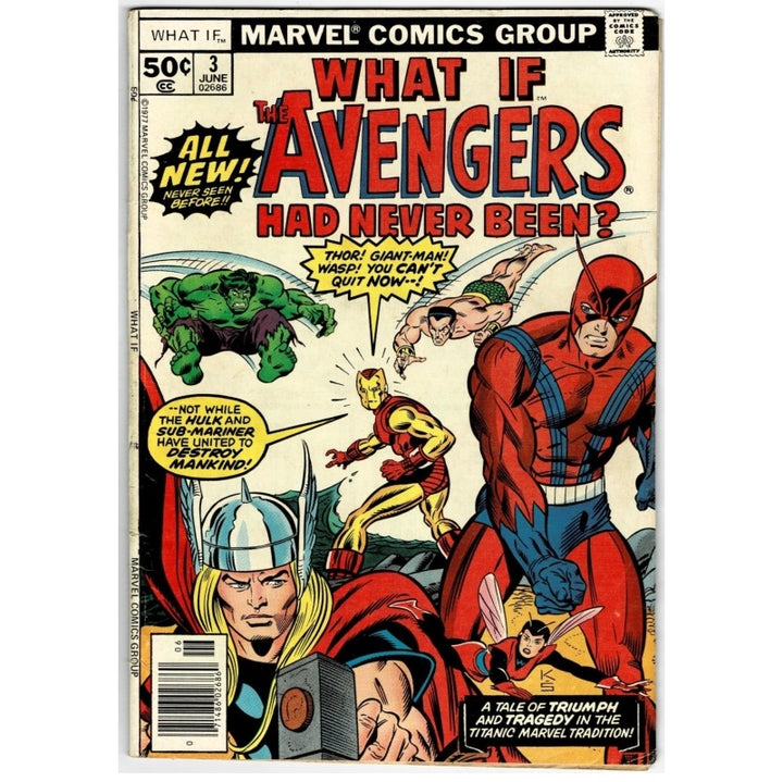 Vintage Marvel Comics Group comic book cover, issue 3, titled 'What If the Avengers Had Never Been?', showing illustrated Marvel characters including a large red-and-blue Avengers figure, Thor, Iron Man, Hulk, and others on a cream background.
