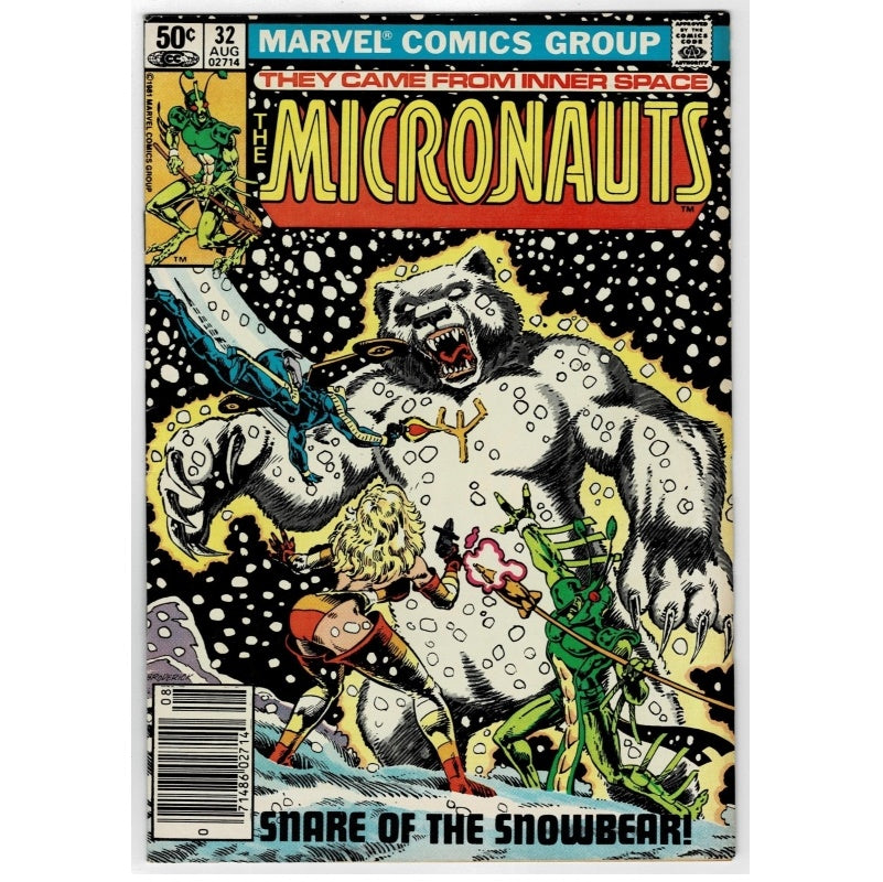 Vintage Marvel Comics Group 'The Micronauts' comic book cover, issue #32 from August 1974. The cover art features a dramatic illustration of a giant white snowbear with a gold trident, a blonde warrior in red, and a green alien creature, all set against a black starry background with bold yellow title lettering.