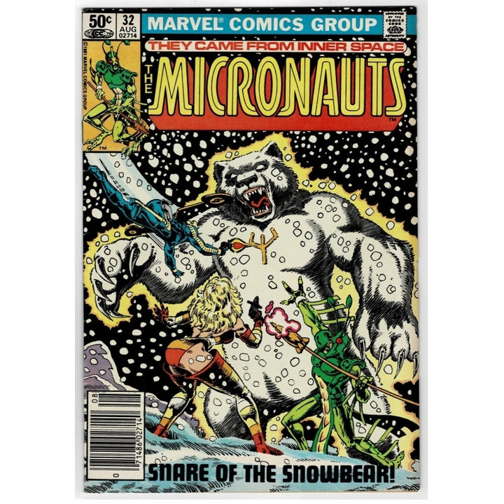 Vintage Marvel Comics Group 'The Micronauts' comic book cover, issue #32 from August 1974. The cover art features a dramatic illustration of a giant white snowbear with a gold trident, a blonde warrior in red, and a green alien creature, all set against a black starry background with bold yellow title lettering.